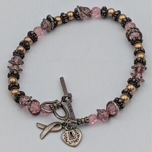 925 Silver Breast Cancer Awareness Bracelet Pink Beads Ribbon Charm Toggle